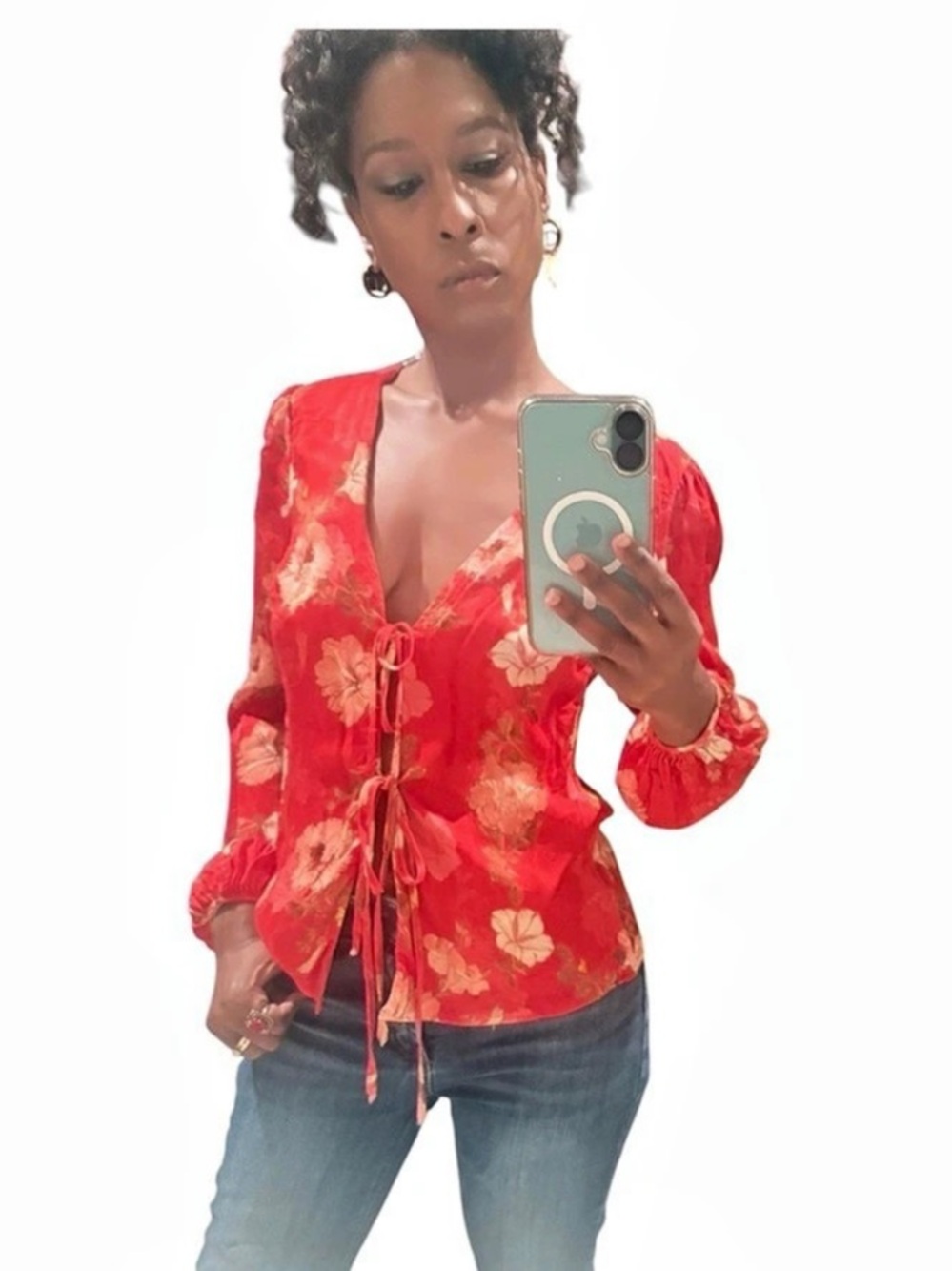 MAJORELLE Floral Tie-Front Blouse in Red & Pink Size XS Like New